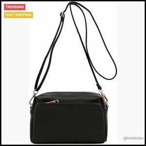 Triple Zip Crossbody Bag Faux Leather Adjustable Strap Minimal Chic Casual